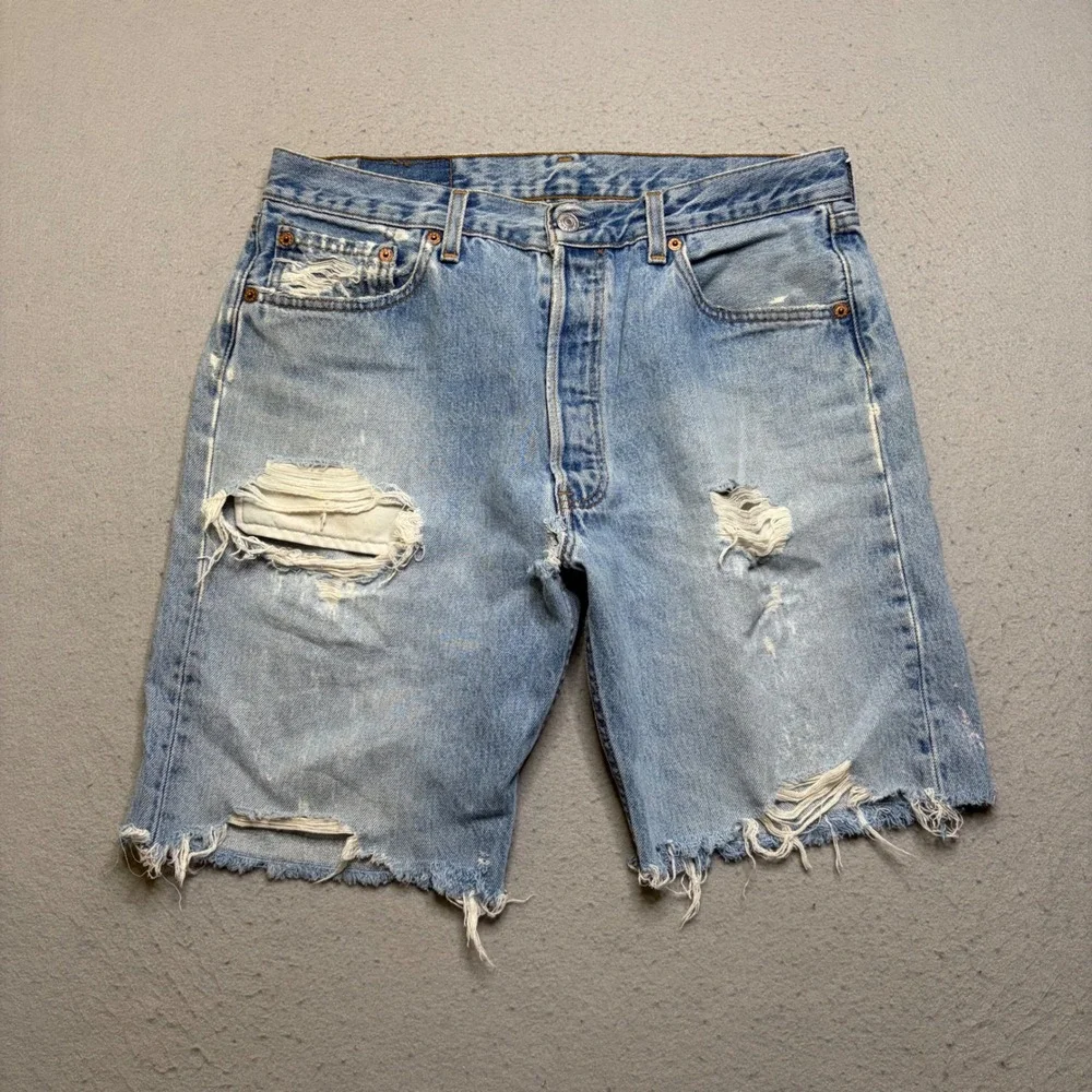 Levi's 501 Denim Shorts Mens 34 Light Wash Vintage 90s Distressed Cut Off USA